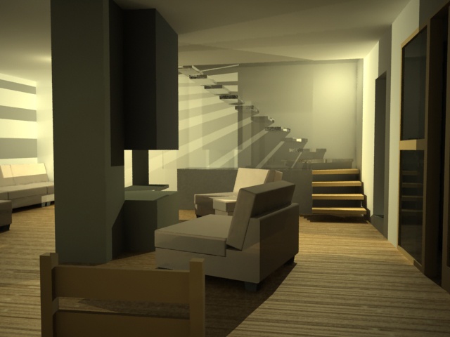 rehabilitation d'une maison : vue salon + escalier