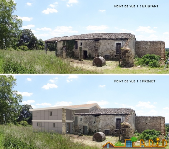 Intégration d'une maison neuve dans une ferme désafectée